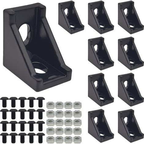 Lot de 10 équerres d'angle noires en aluminium série 2020, connecteurs L et 20 écrous M5 + 20 boulons hexagonaux M5 pour raccord en aluminium extrudé 1/4 20/20 (1/5)