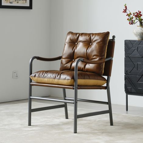 Silla de acento moderna de mediados de siglo, sillón de cuero marrón con estructura de metal (1/5)