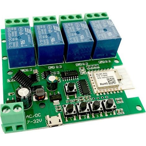 Module relais intelligent Zigbee Tuya 4 canaux DC5V 7-32V RF433MHz avec télécommande pour interrupteur d'éclairage, compatible avec Alexa et Google Home. (1/5)