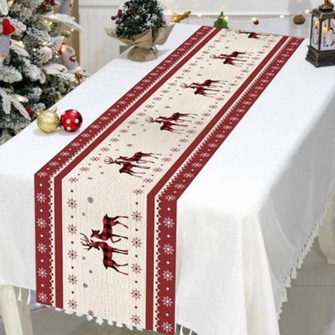 Chemin de table rouge de Noël en 2 pièces, 32 x 180 cm, en lin à motif d'élans, nappe longue pour fête de fin d'année en intérieur (1/4)