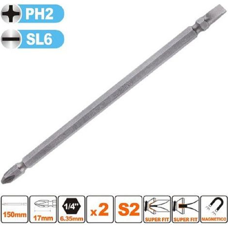 TRADE SHOP - Kit 2pz Di Bits Da 150mm Punte Doppie Inserti Ph2 + Sl6 Punta S2 Magnetica 57245 - (1/2)