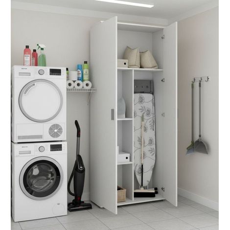 Dmora - Armario multiusos Ddeiol, Mueble portaescobas multifuncional, Armario con 2 puertas, 78x35h190 cm, Blanco (1/5)
