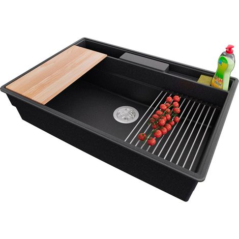 PRIMAGRAN Evier Cuisine en Granit 78x53cm,Lavabo 1 bac + Kit de Vidage + Accessoires, Évier à Encastrer au meuble 80cm - New York, Graphite