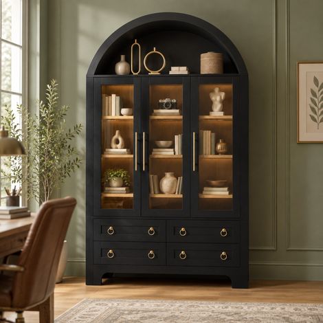 Meuble vitrine 110x40x185 cm PB/MDF noir, 3 portes vitrées, 4 tiroirs, rangement salon – MEUBLIV (1/5)
