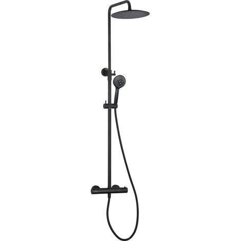 Colonne de douche thermostatique ronde noir mat – Mitigeur thermostatique – Pomme de tête 25 cm – Douchette ABS à 3 jets – Flexible 150 cm (1/4)
