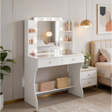 Coiffeuse avec miroir et LED, plateau en verre transparent, 2 tiroirs, blanche HAVRYA (1/5)