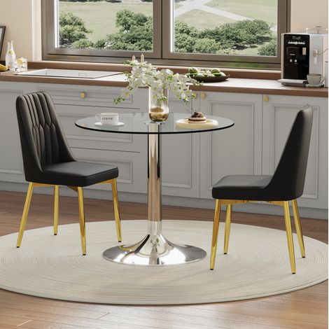 Ensemble table à manger ronde en verre 85 cm avec 2 chaises PU noires, pieds métal doré (1/5)