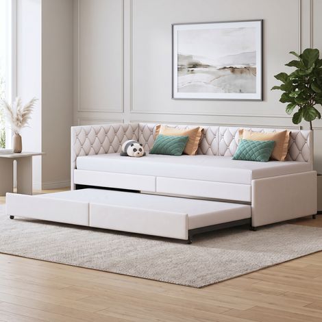 Superaly Canapé Lit Capitonné 90x200 cm, Lit gigogne, dossier Rembourré en Velours Gris, Sommier à Lattes, Lit Double Enfants, Lit Adulte Rétractable, pour Petit Espace Salon Chambre, Style Nordique (1/5)