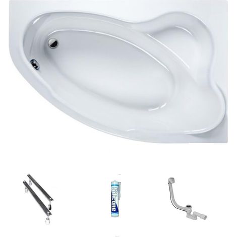 ECOLAM Baignoire d'angle Comfort 140x100 cm droite bonde vidange et trop-plein automatique pieds + silicone set complet (1/5)