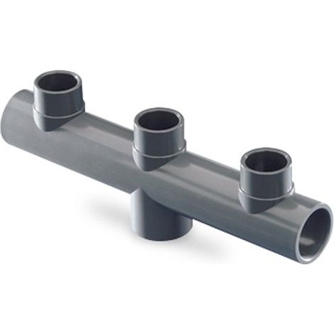 Collecteur 3 voies pour plancher chauffant – 3 sorties Ø50mm – PVC pression PN16 – Inclus 2 bouchons – Hidroten