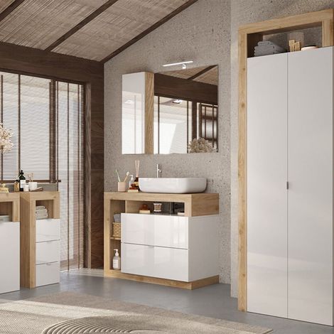 Ensemble meuble vasque 92cm + rangements + armoire blanc et aspect bois Cadiz - ARTURO (1/5)