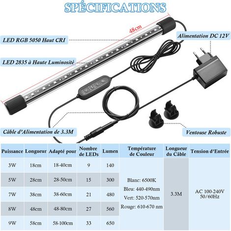 Éclairage LED Aquarium Submersible Lampe de Spectre Complet avec Minuterie Lampe pour Aquarium RGB Étanche IP68 Éclairage Réglable pour Plantes Aquatiques et Poissons