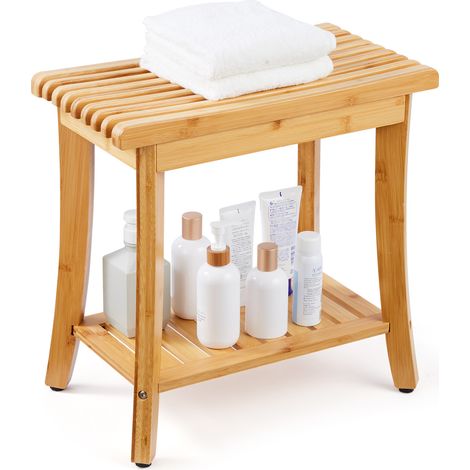 VEVOR Panca da Doccia in Bambu 485 x 288 x 465 mm Sgabello da Doccia Impermeabile, Capacita di 149,7 kg Organizzatore per Sedile da Bagno Idromassaggio, per Adulti Anziani