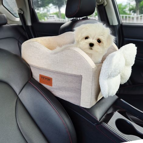 VEVOR Siege deauto pour chiens de petite taille 3,6 kg, siege rehausseur pour chien, laisse a clipser, sangles reglables, lit de voiture sur accoudoir central pour animal de compagnie, marron clair