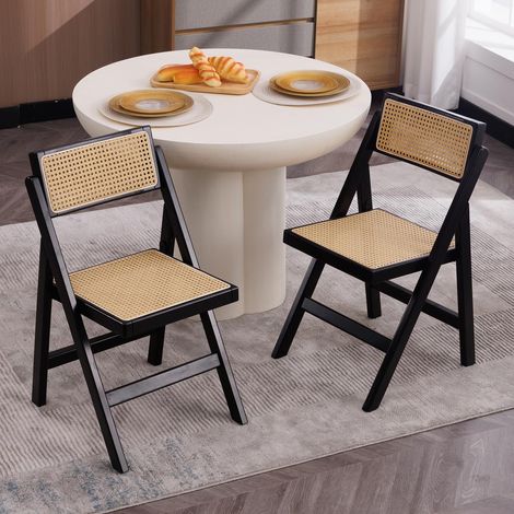 Wahson Dining Chairs Set of 2, Folding Chairs with Rattan Backrest and Wooden Frame, Rustic Style for Kitchen, Dining Room and Living Room, Black (1/5)