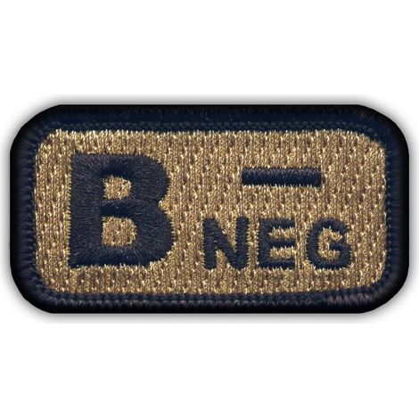 Patchion Blutgruppe B „neg“ Coyote-Tan – Selbstklebende Rückseite – Gestickter Aufnäher/Abzeichen/Emblem