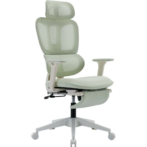 Chaise de Bureau Ergonomique en Maille avec Repose-Pieds Rétractable, Dossier Double, Soutien Lombaire et Accoudoirs 4D vert