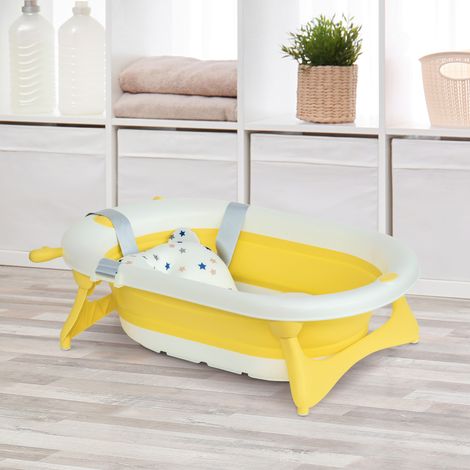 Vaschetta Bagnetto Pieghevole per Bambini 0-3 Anni con Indicatore di Temperatura e Cuscino, 81.5x50.5x23.5 cm, Giallo