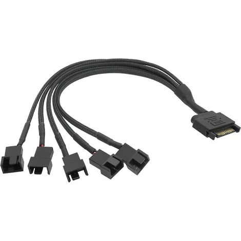 Verwicklungsfreies Nylon-SATA-Kabel auf 4-Pin-Y-Splitter-Adapterkabel mit 5 Ausgängen (12 V) für PC-Gehäuselüfter, schwarz (1/5)