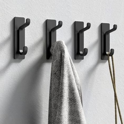 Crochet Adhesif Mural, Porte Serviette Salle de Bain, Accroche Torchon Cuisine, Porte Manteau Adhésif, Attache Murale Sans Percer, Etanche, Antirouille, Noir, 4 Pièces (1/5)