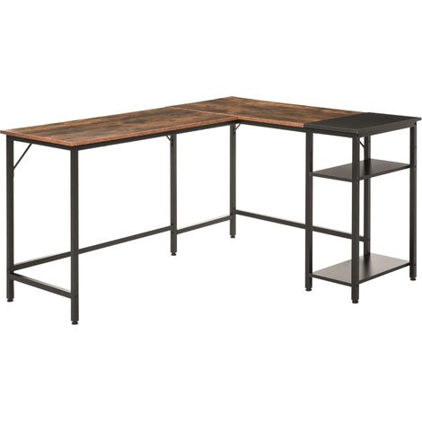 Bureau d'angle de style industriel avec panneau latéral, bois noir et métal, 150 x 120 x 75 cm