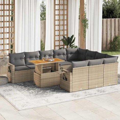 Salon de jardin 11 pcs avec coussins beige résine tressée (1/5)
