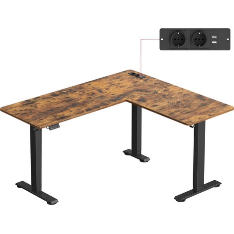 Bureau Électrique Réglable en Hauteur, Table d’Angle en L, 140 x 160 cm, avec Multiprise, Fonction Mémoire 2 Hauteurs, pour Télétravail, Marron Rustique et Noir d’Encre