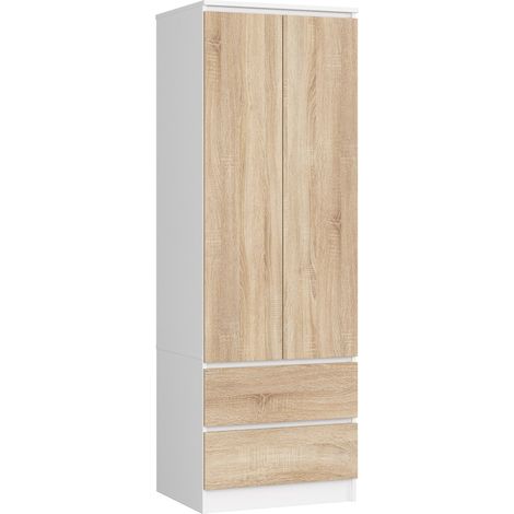 Kleiderschrank AKORD S60 Weiß 60 cm 2 Türen 2 Schubladen Regal Front Sonoma-Eiche B60 x H180 x T51 cm