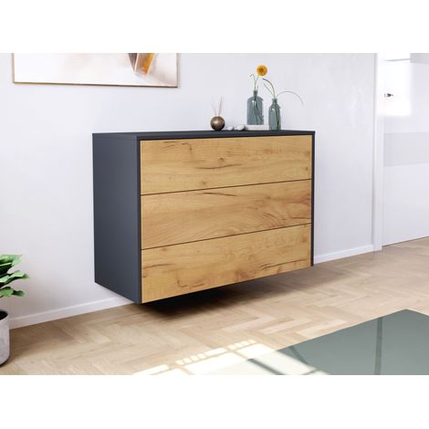 Sideboard Kommode Hero B hängend 100cm 3 Pushauszüge Grafit Eiche