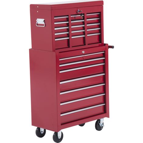 Chariot d'atelier en métal rouge avec 16 tiroirs, sécurisé et mobile, dimensions 61,5 x 33 x 113 cm (1/5)