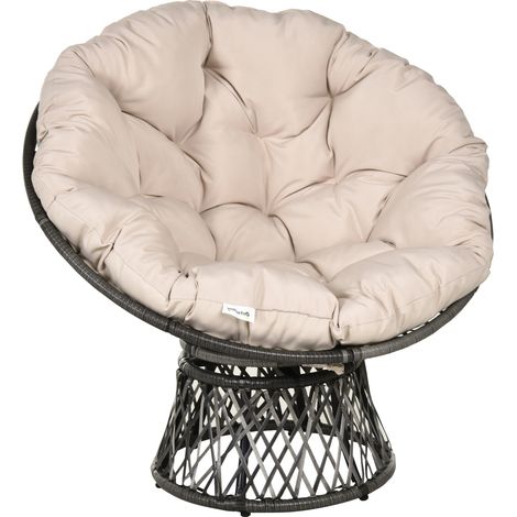 Chaise de jardin ronde, fauteuil pivotant Papasan, très confortable, Ø 97 x 90 cm (hauteur), comprenant un grand coussin, couleur crème, résine polyester tissée.