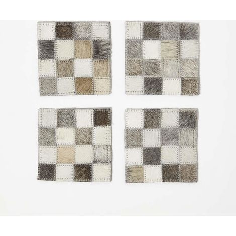 HOMESCAPES Block Check Grey Leather Coasters Set of 4
