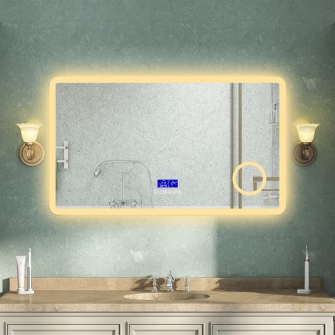 OCEAN Specchio da bagno 100x60cm con LED,Bluetooth,Lente d'ingrandimento,3 colori,Dimmerabile,Orologio, Antiappannamento,Memoria,IP44, Vetro HD (1/4)