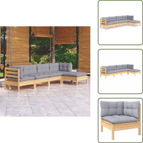 5-tlg. Garten-Lounge-Set mit Grauen Kissen Kiefernholz - Gartensessel - Lounge Set - Gartenmöbel - Rattan Möbel - Outdoor Furniture (1/5)