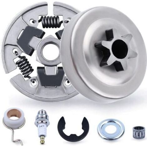 Kit pignon et embrayage 3/8" pour STIHL 017 018 MS170 MS180 021 023 025 MS210 MS230 MS250, pignon + tambour d'embrayage + roulement + rondelle + pince E + bougie d'allumage 7 en 1 (1/5)