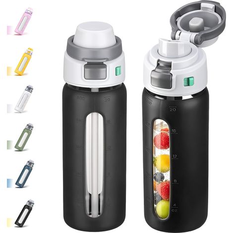 2 en 1 Bouteilles d'eau en Verre borosilicate avec Paille pour Sport et Voyage, 600 ml Gourde avec Housse en Silicone, Sans BPA, Noir (1/5)