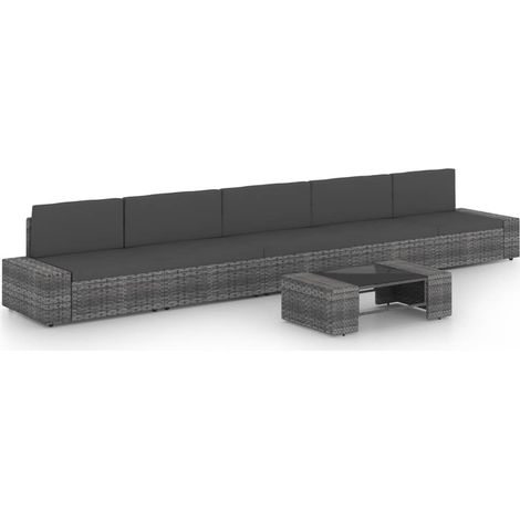6-tlg. Garten-Lounge-Set mit Kissen Grau Poly Rattan