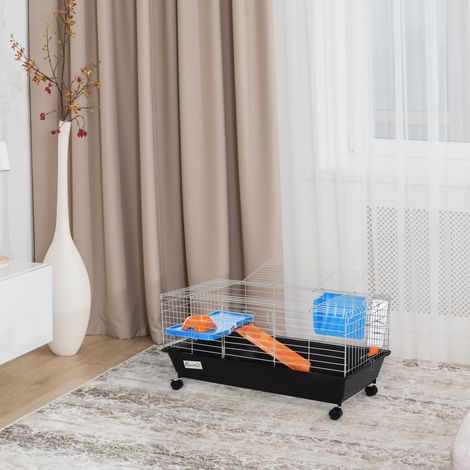 PawHut Kleinkäfig für Nagetiere mit Rädern, geeignet für Frettchen und Meerschweinchen, mit Futternapf, Wasserflasche, Rampe und aufklappbarem Dach, 89 x 44 x 43 cm, Schwarz