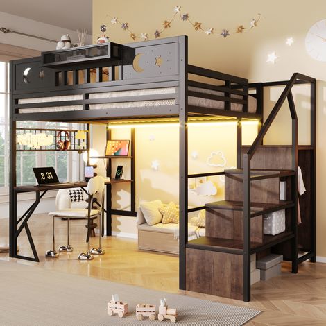 Lit mezzanine 140x200 cm en métal,Lit enfant avec bureau , étagères, , port USB, LED, garde-corps de sécurité , Noir (1/5)