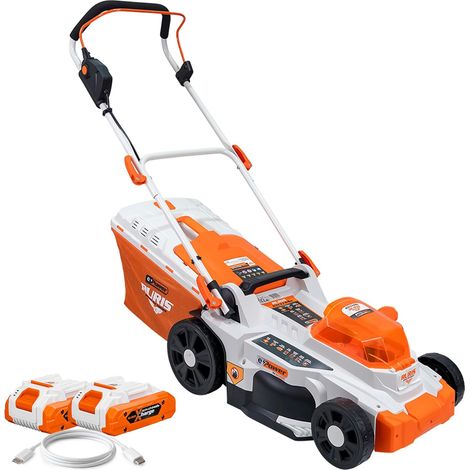 Tondeuse à gazon sans fil RURIS RXI3744e 2x20V Brushless - Coupe 37 cm, Hauteur 25-75 mm, 3-en-1, jusqu'à 650 m², 2 Batteries 4Ah (1/5)