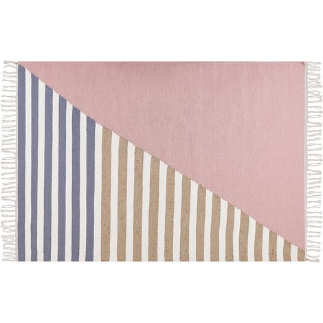 Alfombra de lana rosa blanco beige azul 140 x 200 cm yute a mano borlas Engiz