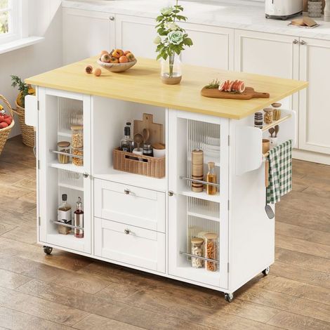 Desserte de cuisine - WESTYLE - 120×45(70)×92 cm - plan de travail rabattable - 2 tiroirs - roulettes verrouillables (1/5)