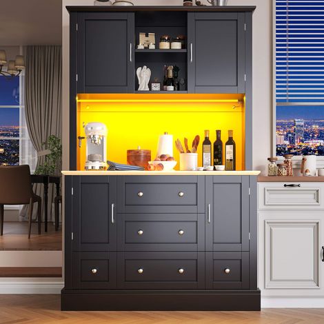 Haut meuble de rangement noir avec LED connectée, 4 portes et 3 tiroirs, vitrine moderne cuisine salon 115x40x180 cm (1/5)