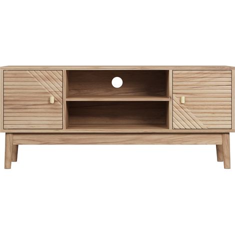 Meuble tv 110 cm style moderne rétro avec rangement intégré, meuble bas pour écran 32 à 45 pouces, finition chêne