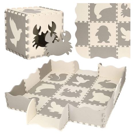 Schaumstoffmatte 120x120 cm Tierpuzzle für Kinder aus EVA-Schaumstoff in Grau-Beige