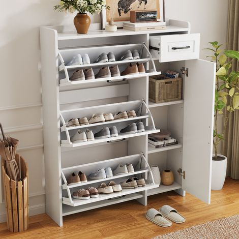 Meuble à chaussures moderne avec tablettes réglables, poignée noire, 1 tiroir, trois compartiments rabattables et une porte, blanc, dimensions : L92/P24/H121 cm. (1/5)