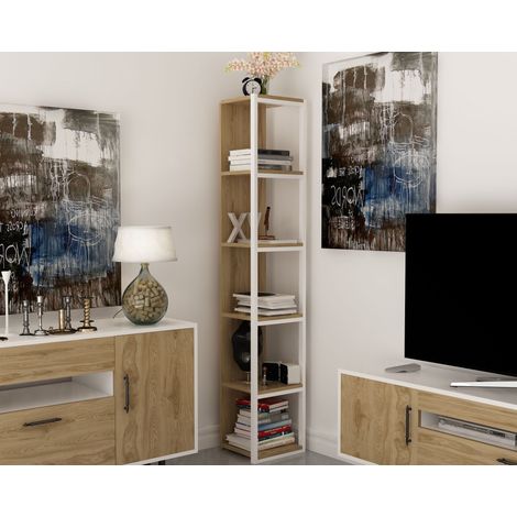 Decorotika Texas Biblothèque 5-Tier Bookshelf Multifunctional Etager Easy Assembly With Metal Frame For Living Room Bedroom Kitchen - Blanc And Oud Oak (1/3)