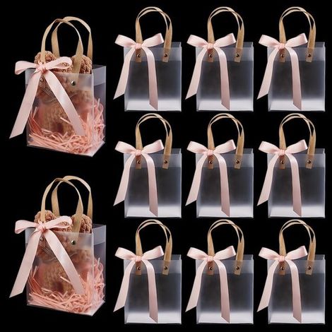 10 Geschenktüten mit transparentem Griff rechteckige Eisbeutel 15 x 13 x 7 cm mit rosa Schleife wiederverwendbare Kunststoff-Geschenkverpackung (1/5)
