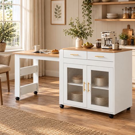 MODFU – Isla de cocina 116-177 cm de aglomerado con mesa extensible, enchufes USB-A/USB-C, compartimentos y carga 60 kg – Blanco (1/5)