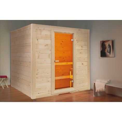 Cabine de sauna traditionnel 3 places – Dimensions 195x156 cm – Hauteur 204 cm – Poêle 6 kW recommandé – Construction en épicéa – Sentiotec